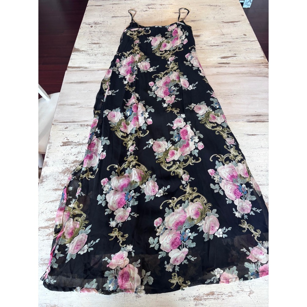 ALFRED SUNG maxi dress womens M black floral spaghetti strap party whimsigoth